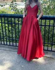 Blondie Nites Red Satin V-Neck Long Satin Gown with Pockets!  Size 1