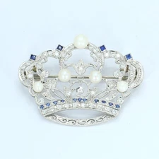 Crown Brooch with Pearls Sapphires and Diamonds in Platinum Setting