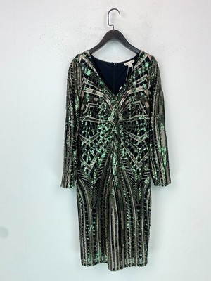 Monsoon Green Black Sequin Bodycon Knee Length Dress Long Sleeve UK12 NEW |  eBay UK