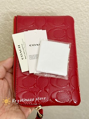 COACH CV418 Corner Zip In Signature Leather In Gold/ Red NWT