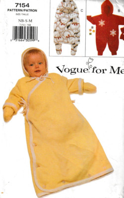 Vogue Pattern 7154 Infant Baby Bunting, Mittens, Hat; NB, SM, M; FF