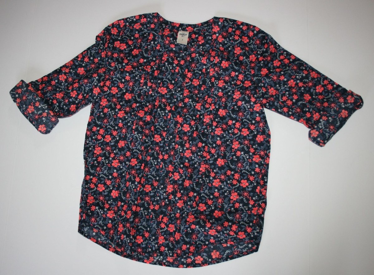 New OshKosh Girls 7 Yr Top Shirt Pleated Front Navy Blue Pink