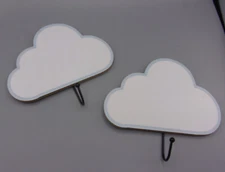 Set of 2 CLOUDS   8" x 6" Children's Room Wall Plaques w/ Hooks Coat Hangers