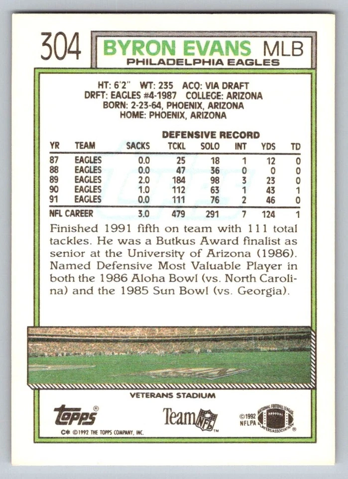 1992 Topps - #304 Byron Evans - Image 2 of 2