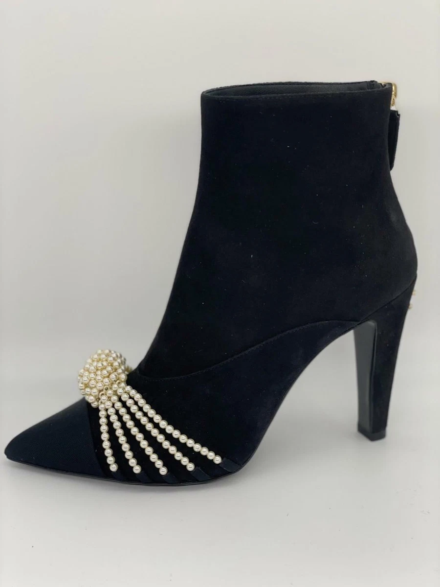 CHANEL 20A Suede Pearl Embellished CC Logo Heels Ankle Booties Boots Black  $1900