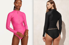 NWT J.Crew 118 Active long-sleeve rash guard, Radiant Fuchsia-XS Sz, Black-S Sz