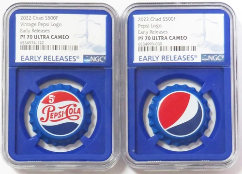 2022 SILVER CHAD PEPSI LOGO 500 FRANCS BLUE CORE NGC PROOF 70 UC EARLY RELEASES