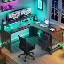 60''L Shaped Desk with Power Outlets LED Lights Corner Computer Desk with Drawer