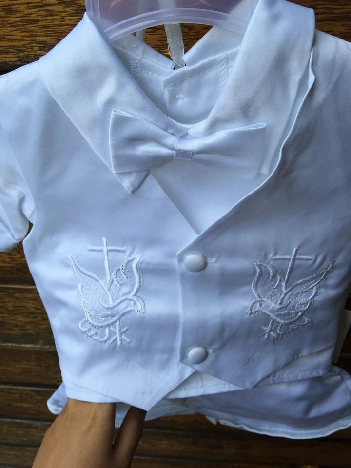 Boys baby child white short sleeves christening shower outfits suits 4 pcs set - Image 4 of 4