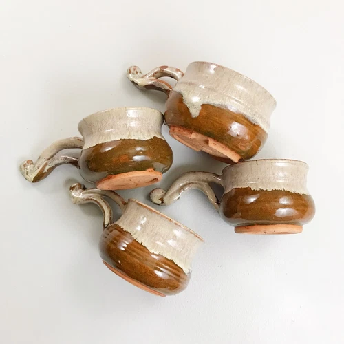 VINTAGE Artisan Studio Pottery Mug Soup Bowl Set Of 4 1986 Hand Thrown w/Handles