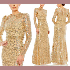 NWT Mac Duggal [ 24 ] 68011 Embellished High Neck Long Sleeve Gown in Gold G1374