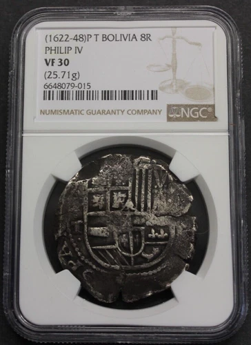 (1622-48) PHILIP III 8 REAL COB NGC VF30 POTOSI ASSAYER T COLONIAL ERA BOLIVIA
