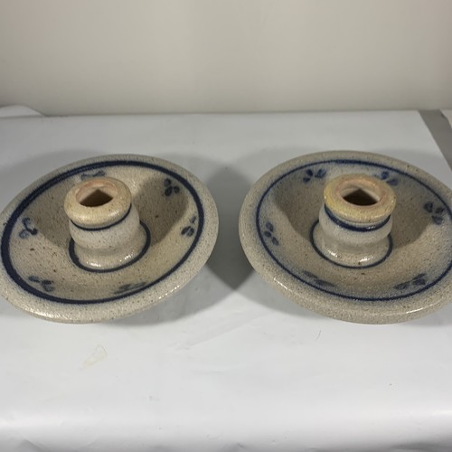 Set Of 2 1986 Rockdale Union Stoneware Candlestick Holder Blue/tan vintage - Picture 7 of 8