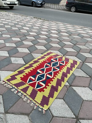 1.9 x 3 ft Green small tribal Turkish kilim carpet 2x3 Vintage Turkish decor 