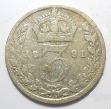 3d 1891 VICTORIA COIN 925 STERLING SILVER THREE PENCE THREEPENNY PIECE