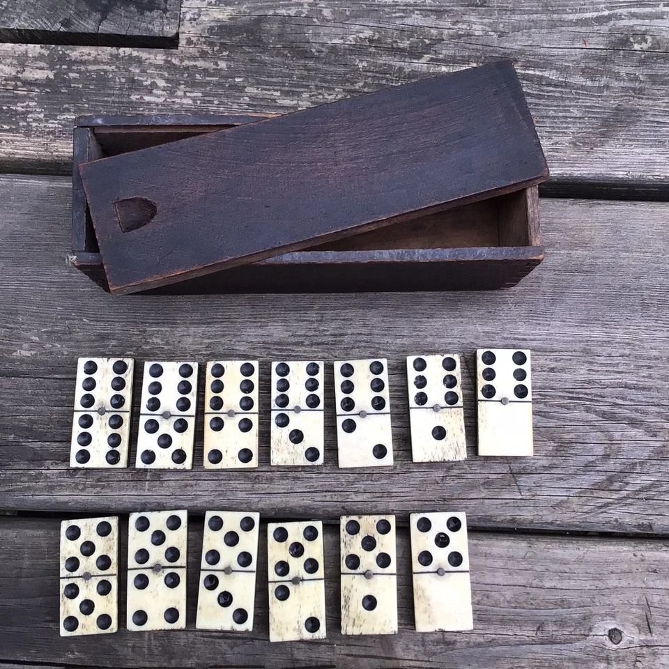Antique Boxed Bovine Bone And Ebony Complete Set Of  Dominoes With Brass Pins - Image 2 of 4