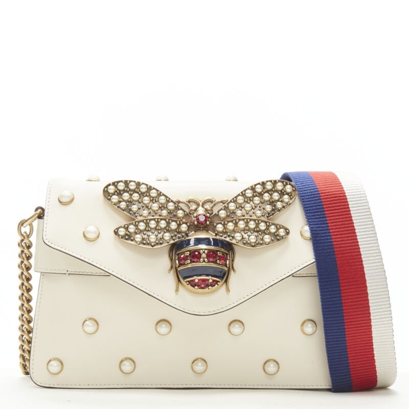 GUCCI Queen Margaret Embellished Bee pearl stud white flap