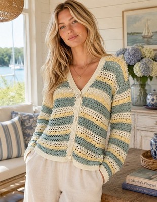 Marisa Christina Women's L Hand Knit Sweater Cardigan Blue Beaded Coastal 90s