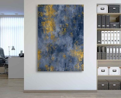 Distressed Goldfolie auf Indigo Beton Textur zeitgenössische abstrakte Kunst Leinwand