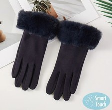 NWT Women's Black Faux Fur Plush Cuff Smart Touch Gloves One Size Fits Most