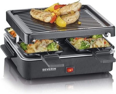 SEVERIN Mini Raclette-Grill für 4 Personen, 4 Pfännchen, kompakt, 600 W, Schwarz