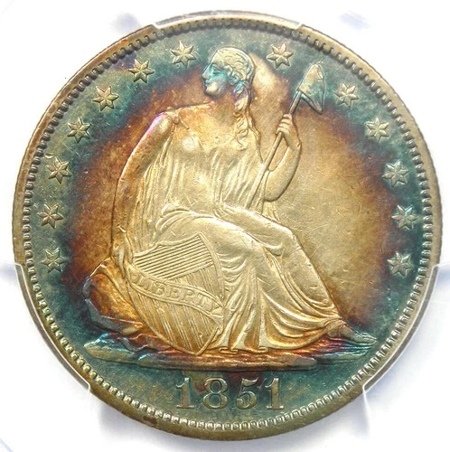 1851 Seated Liberty Half Dollar Rainbow 50C Coin (1851-P) - PCGS XF Details (EF)