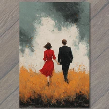 Art Print Couple Holding Hands Red Dress Black Suit Field Fire Smoke Romantic Dr