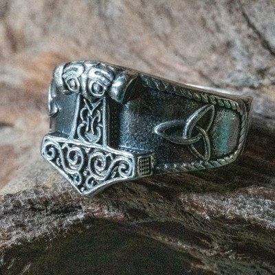 Thors Hammer 925 Silber Siegelring gepunzt keltischer Dreifaltigkeitsknoten Biker Wikinger