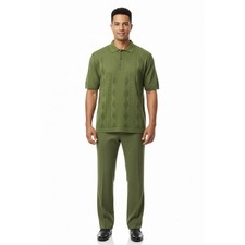 Men Silversilk 2pc walking leisure Matching Suit Italian woven knits 51016 Green