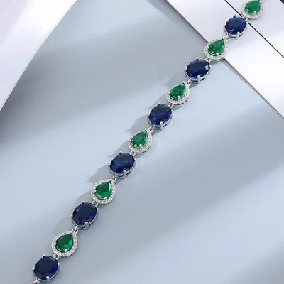 18.00Ct Oval & Pear Cut Sapphire & Emerald Tennis Bracelet 14K White Gold Plated