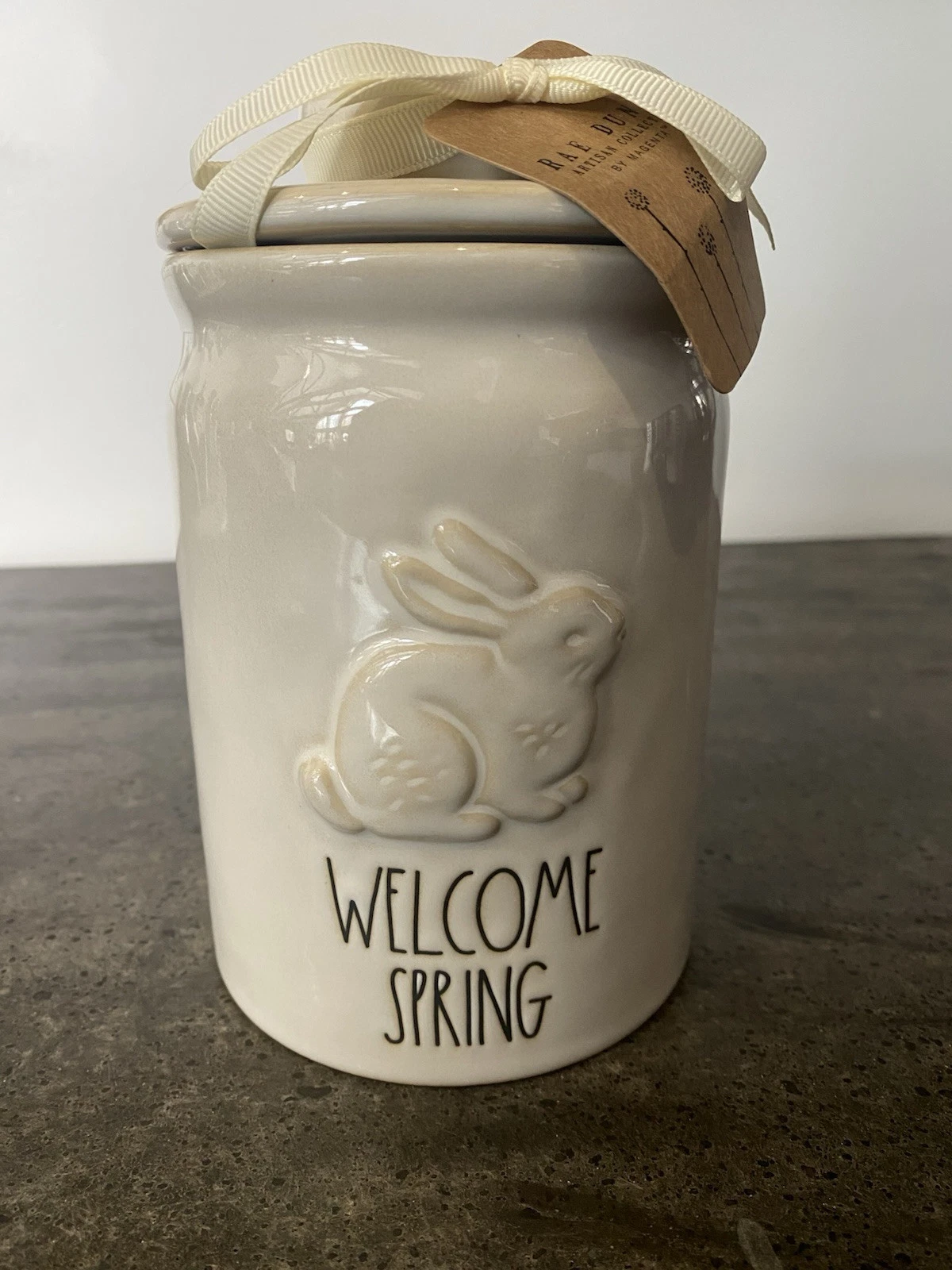 Rae Dunn Ceramic Canister Welcome Spring Rabbit