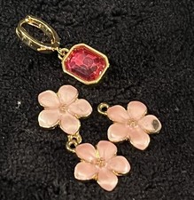 Charm Lot Pink Cherry Blossom Enamel Flower Dangle Pendant DIY Jewelry Gold Tone
