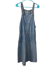 90s Vintage LUA Womens Lagenlook Denim Overall Midi Dress Size M Pockets Retro