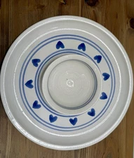 Vintage Blue Heart Stoneware Pottery Chip And Dip Plate Artist Marked