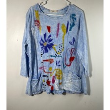 Jess & Jane Art To Wear Acid Wash Floral Painted Cotton Tunic Light Blue L