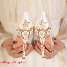 Women Metal Flower Stiletto Heel Pointed Toe Satin High Heel Wedding Shoes