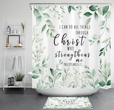 Spring Green Eucalyptus Leaves Bible Verse Shower Curtain Set for Bathroom Decor