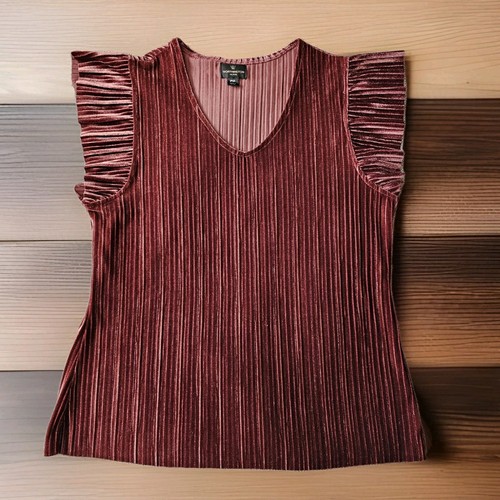 Pleated Velvet Ruffle Sleeve Top PM Petite Burgundy Wine Fall Layering Blouse - Picture 2 of 6