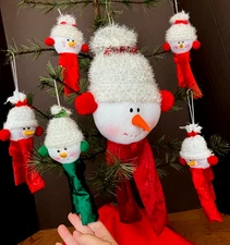 (6)  Vintage "Snowman Head" Christmas Ornaments - Sparkly Yarn Hat - 17" & 8"