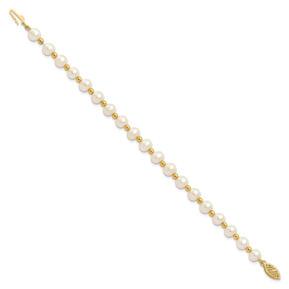 14K Solid Yellow Gold 6mm White Round Freshwater Cultured Pearl Ball Chain ... - Image 2 of 4