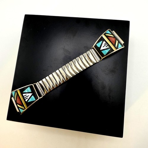 Signed John & Rosalie Bowannie Zuni Watch Tip Band Inlaid Coral and Turquoise