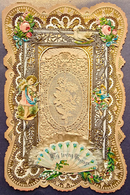 Lge. intricate antique Victorian 6-layer LOVING GREETINGS CARD, lace/scrap/fan +