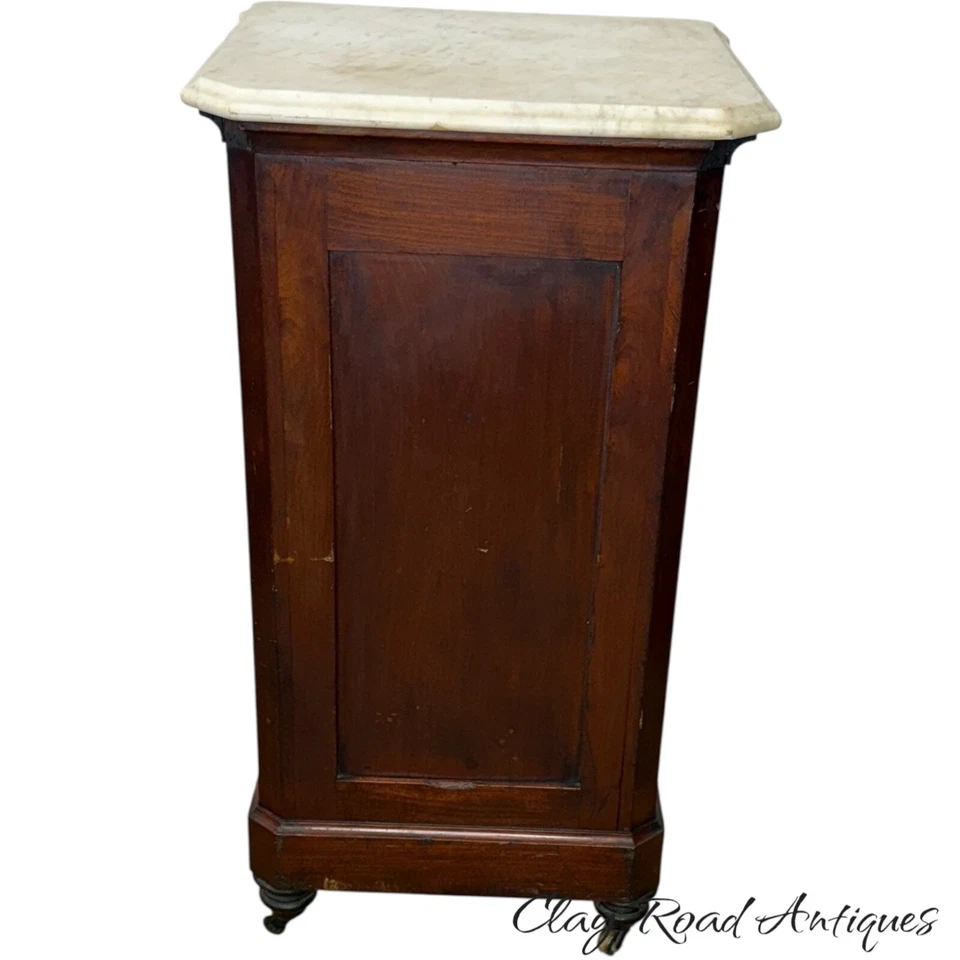 Antiguo pedestal de mesa de mesita de noche con tapa de mármol victoriano de caoba 1/2 Foto 4 de 4
