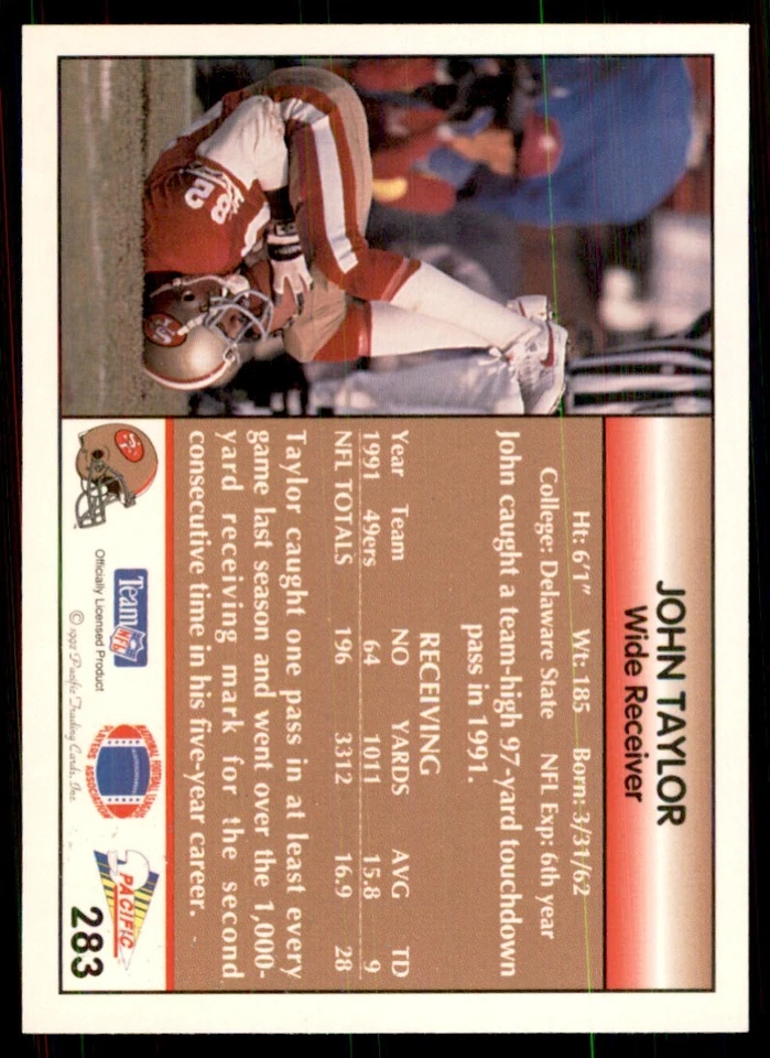 1992 Pacific John Taylor Football Cards #283 - Image 2 of 2