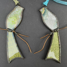  2 Stained Glass Bird Suncatcher Window Sun Green Blue Gold Peacock Feather