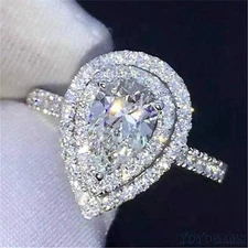 3 CT Pear Cut VVS1 Moissanite Double Halo Engagement Ring Solid 14K White Gold