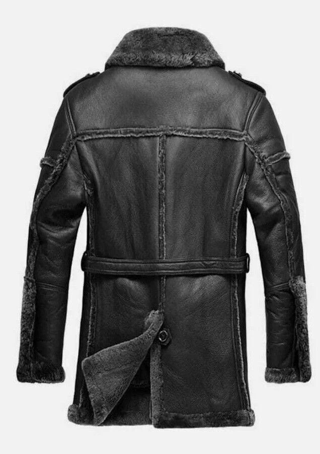 Men s Anti Winter Grey Fur Black Real Sheepskin bomber Leather Duffel Coat New eBay