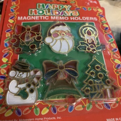 Vintage Plastic Christmas Memo Refrigerator Magnets Set Of 6 Faux Stained Glass