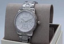 NEW AUTHENTIC MICHAEL KORS TIBBY SILVER CHRONO CRYSTALS GLYTZ WOMEN MK7294 WATCH