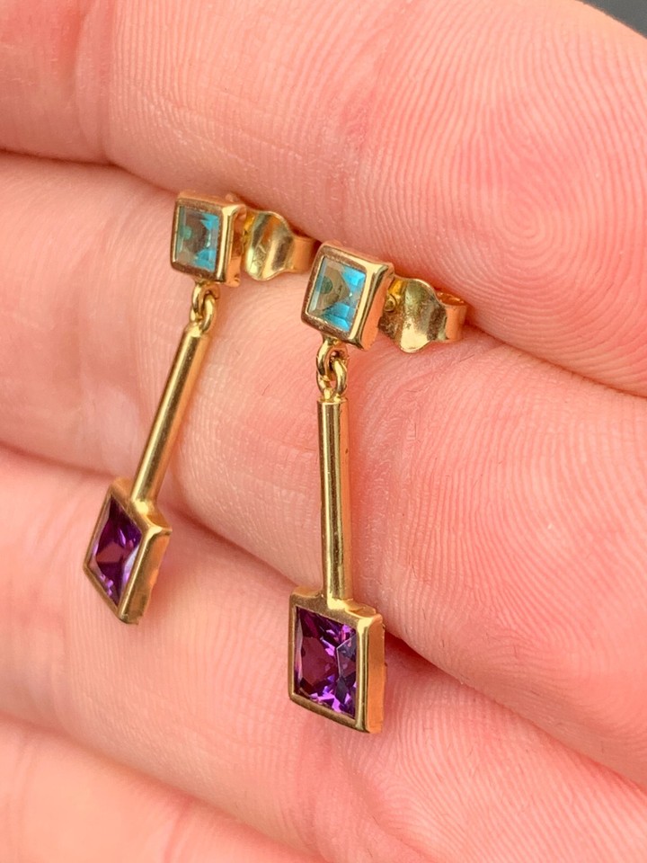 18ct gold blue & purple stone earrings vintage eBay